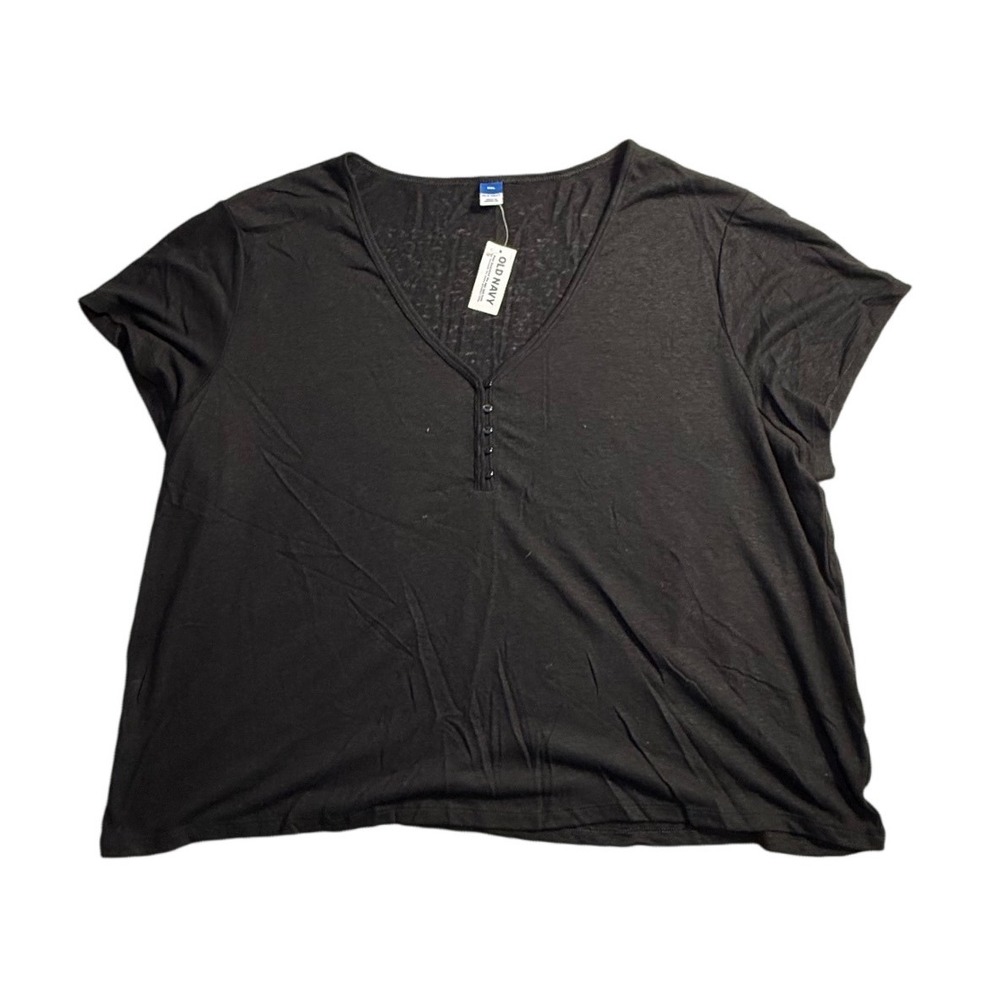 Old Navy Womens XXL Black Linen Blend Henley V-Neck Short Sleeve Top -2283